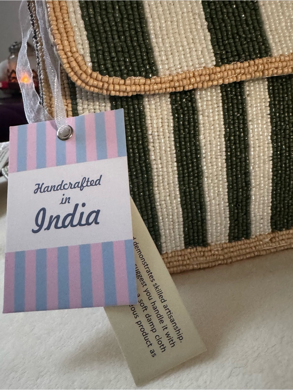 NWT Viral Beaded Green & White Striped Shoulder Bag Handcrafted India - Picture 2 of 5